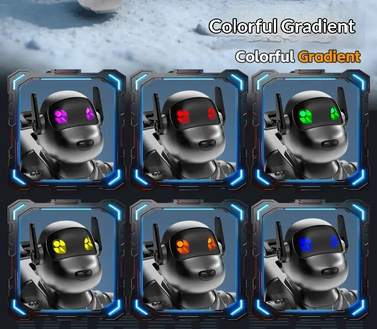 six ai smart robot dog interactive electronic pets with metallic silver bodies and glowing eyes in purple red green yellow orange and blue colors.