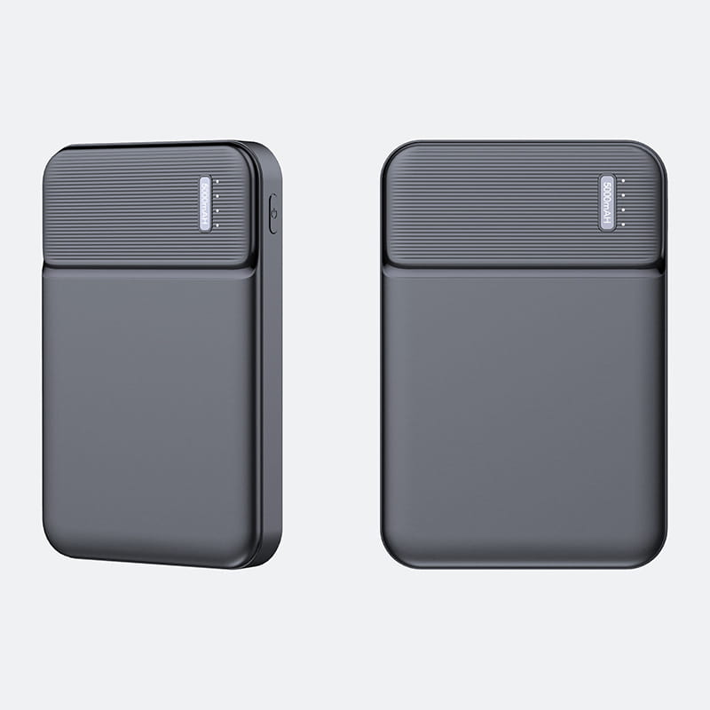 Black rectangular 5000mAh portable power banks with textured top panels and silver indicator lights for mini charging use.