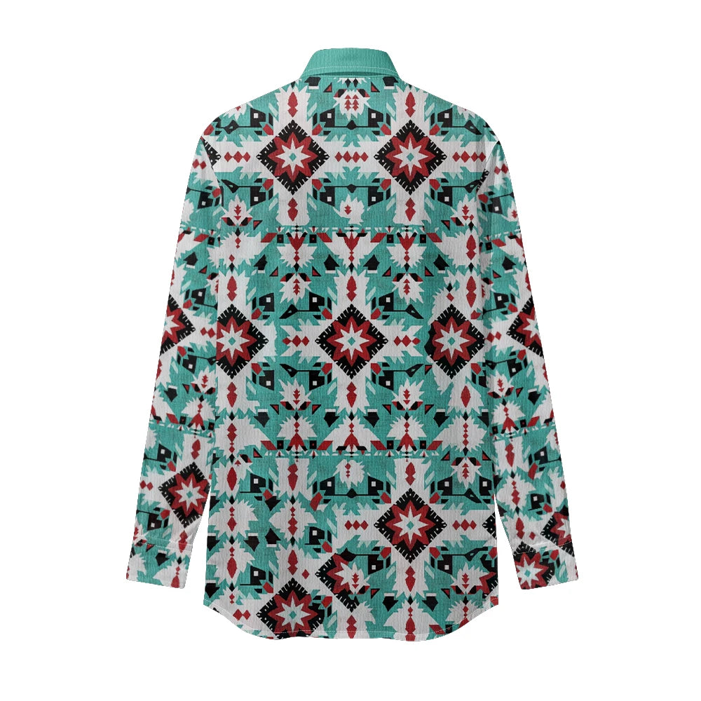 Ethnic-Inspired Long-Sleeve Women Shirt with Aztec Geometric Pattern Printed Front 2 Pockets Button-Up Retro Tribal Casual Style