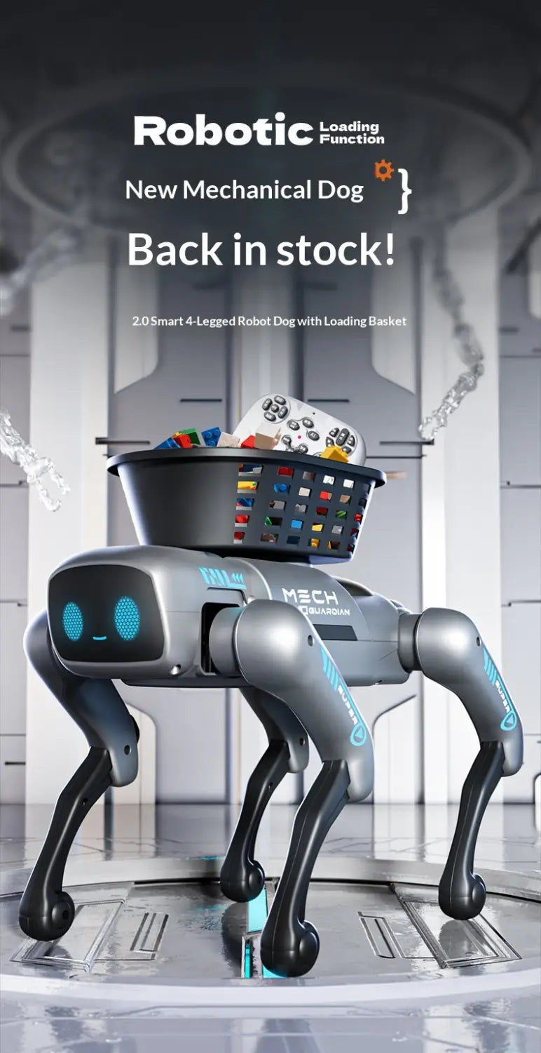 青色LEDの目を備え、積載バスケットを搭載した、シルバー＆ブラック2.0のスマートリモートコントロールロボット犬（洗練されたメカニカルデザイン）
