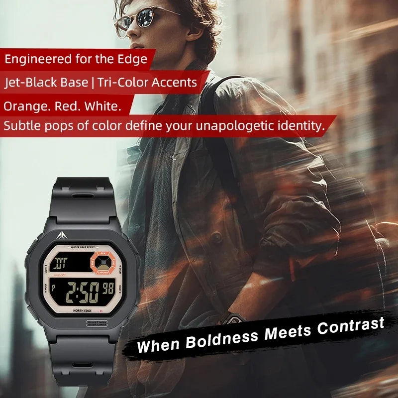 NORTH EDGE 2026 New Smart Watch for Men Digital Watches Simple Square Watches Waterproof 50M Stopwatch Countdown Alarm Luminous