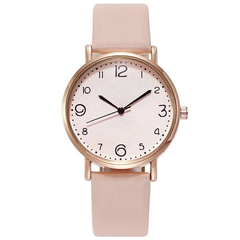 Rose gold leather casual watch with blush pink leather strap and minimalist white dial featuring black arabic numerals.