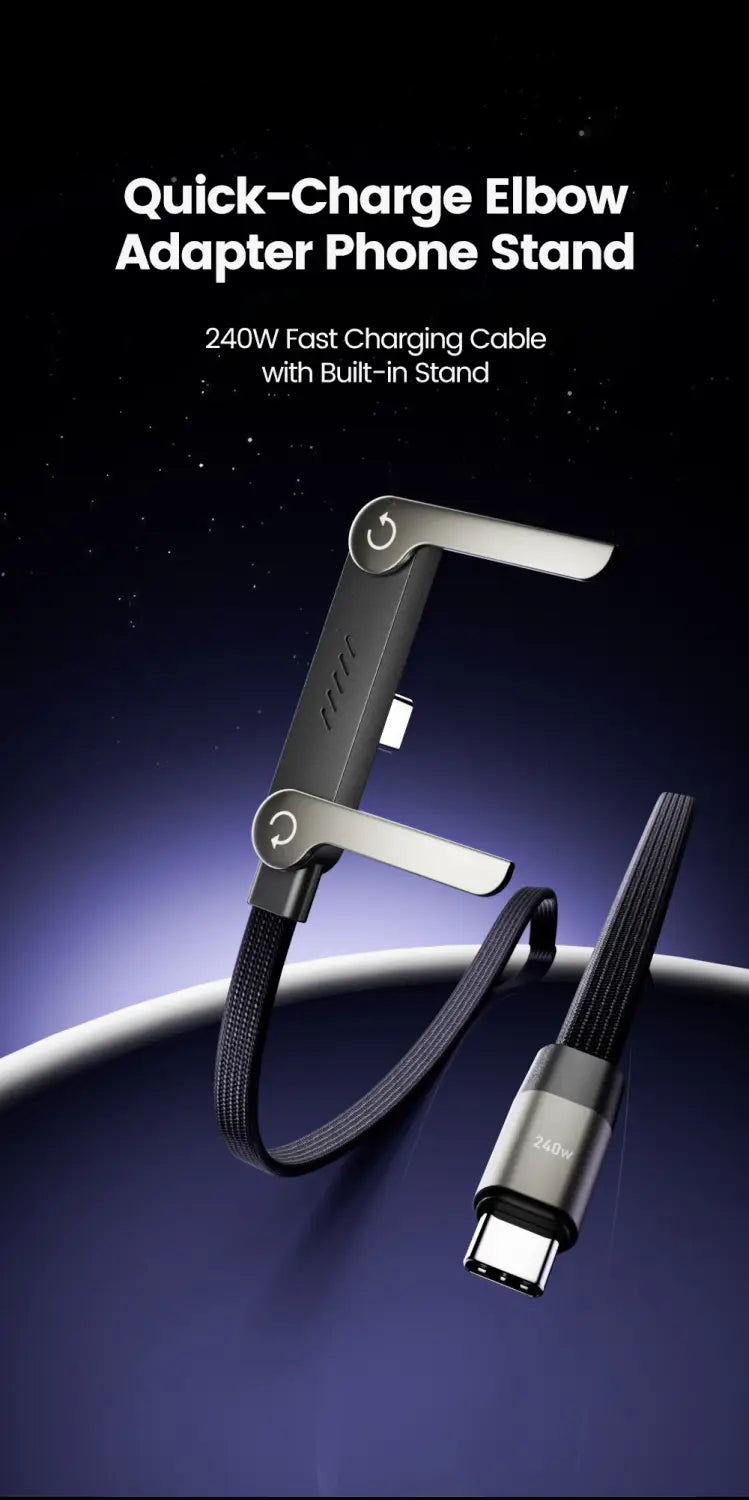 Black and silver 240w fast charging cable with built-in elbow adapter stand featured in a 65w usb c fast charging cable and phone holder product.