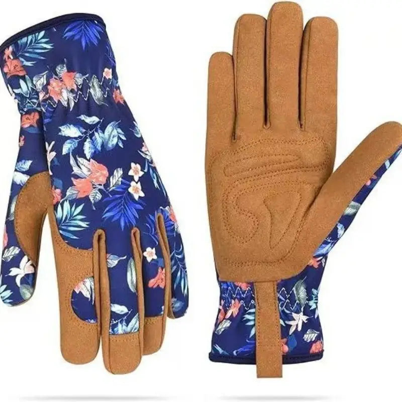women gardening gloves breathable thorn proof leather shown from the back with blue floral fabric and tan leather palms with reinforced stitching
