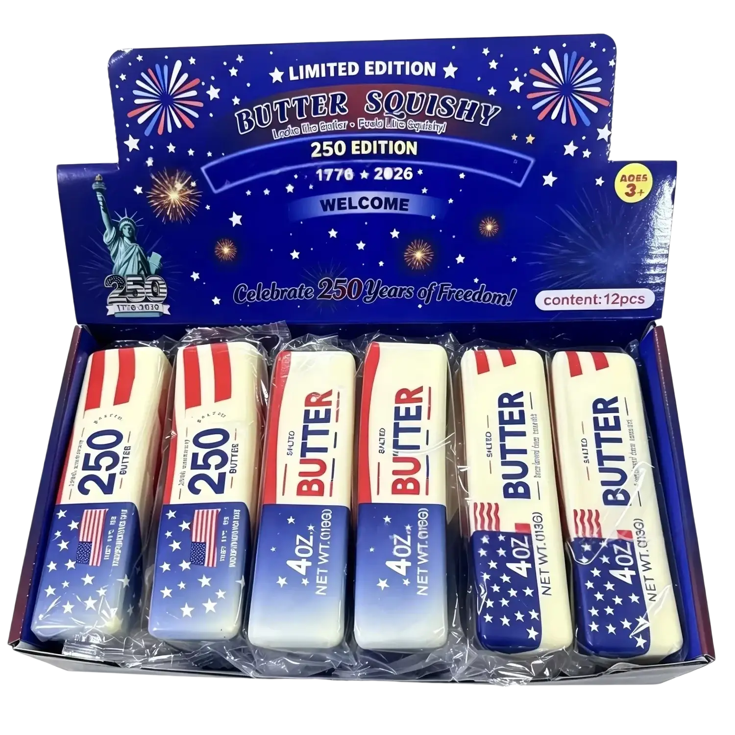 vista frontal de dulces “squishy” con temática de bandera estadounidense rojo, blanco y azul, en forma de barra de mantequilla, para aliviar la ansiedad, en una caja de edición limitada del 250.º aniversario