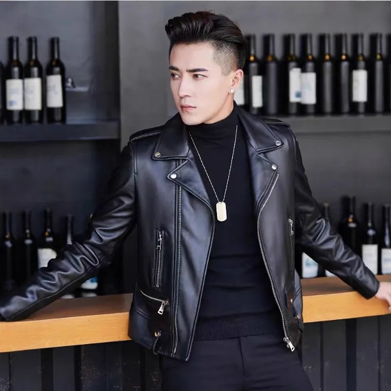 Printed Leather Jacket for Men in Spring Autumn with Lapel Zipper Trend Fashion Loose Casual Pu Leather Jacket