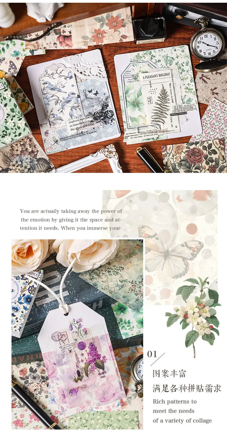 A vintage scrapbooking paper and journaling supplies sheet featuring delicate floral stickers with intricate botanical illustrations in soft pastel hues and subtle watercolor textures.