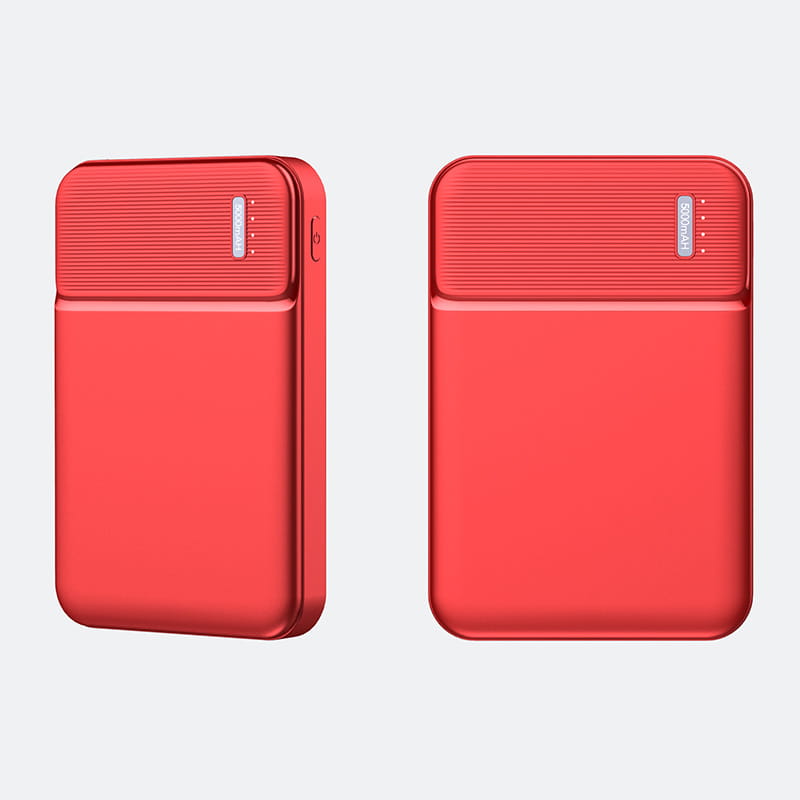 Red rectangular 5000mah portable power bank mini charger with a textured top panel and sleek metallic finish.