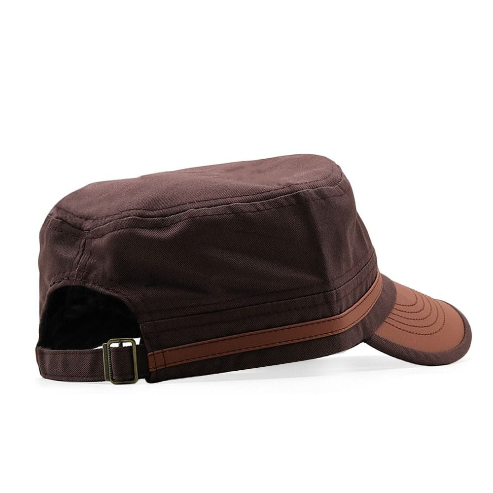Brown cotton military cadet baseball cap showing the back side with a matching brown leather strap and adjustable buckle.