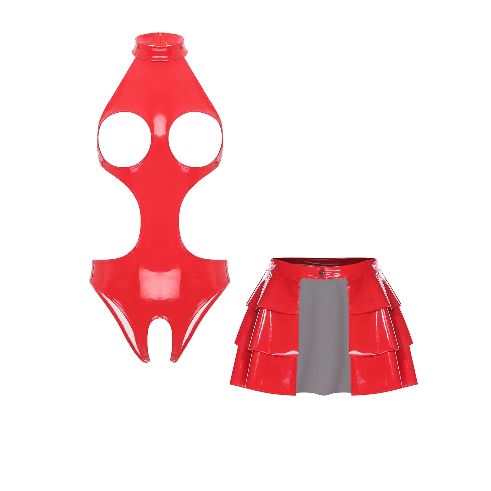 Red patent leather two-piece outfit featuring a cut-out bodysuit and tiered skirt with gray panel in a pink wet look PU leather bodysuit and ruffled skirt set.