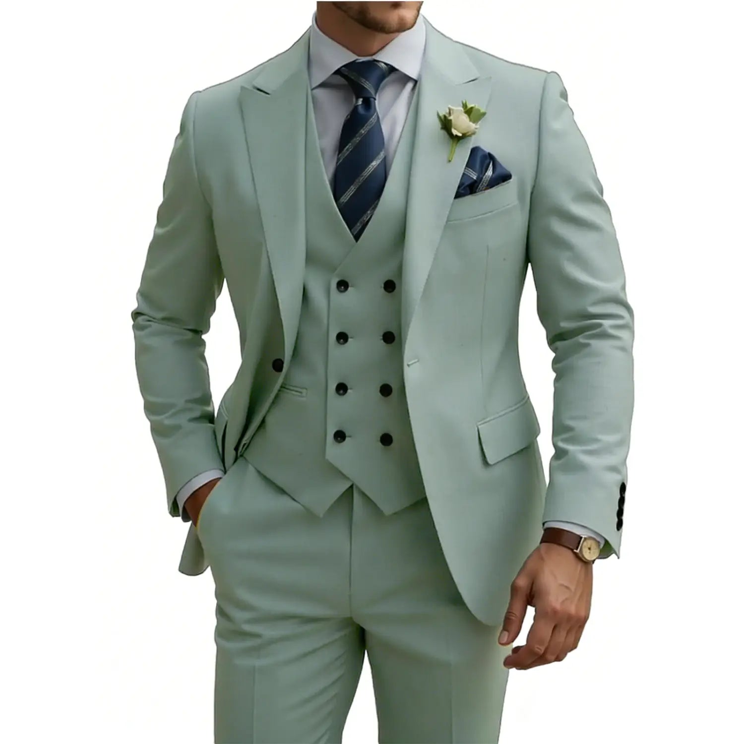 Costume trois pièces beige pour hommes en coupe croisée double boutonnage avec un gilet vert menthe clair élégant et un pantalon assorti