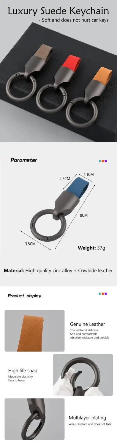 Black and blue luxury suede leather keychain carabiner ring bag charm made of high-quality alloy and cowhide leather.