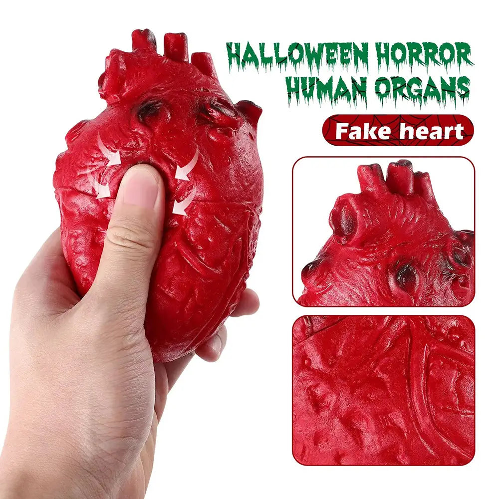 Fake bloody human heart halloween prop is a red textured fake heart stress reliever with a halloween horror design.