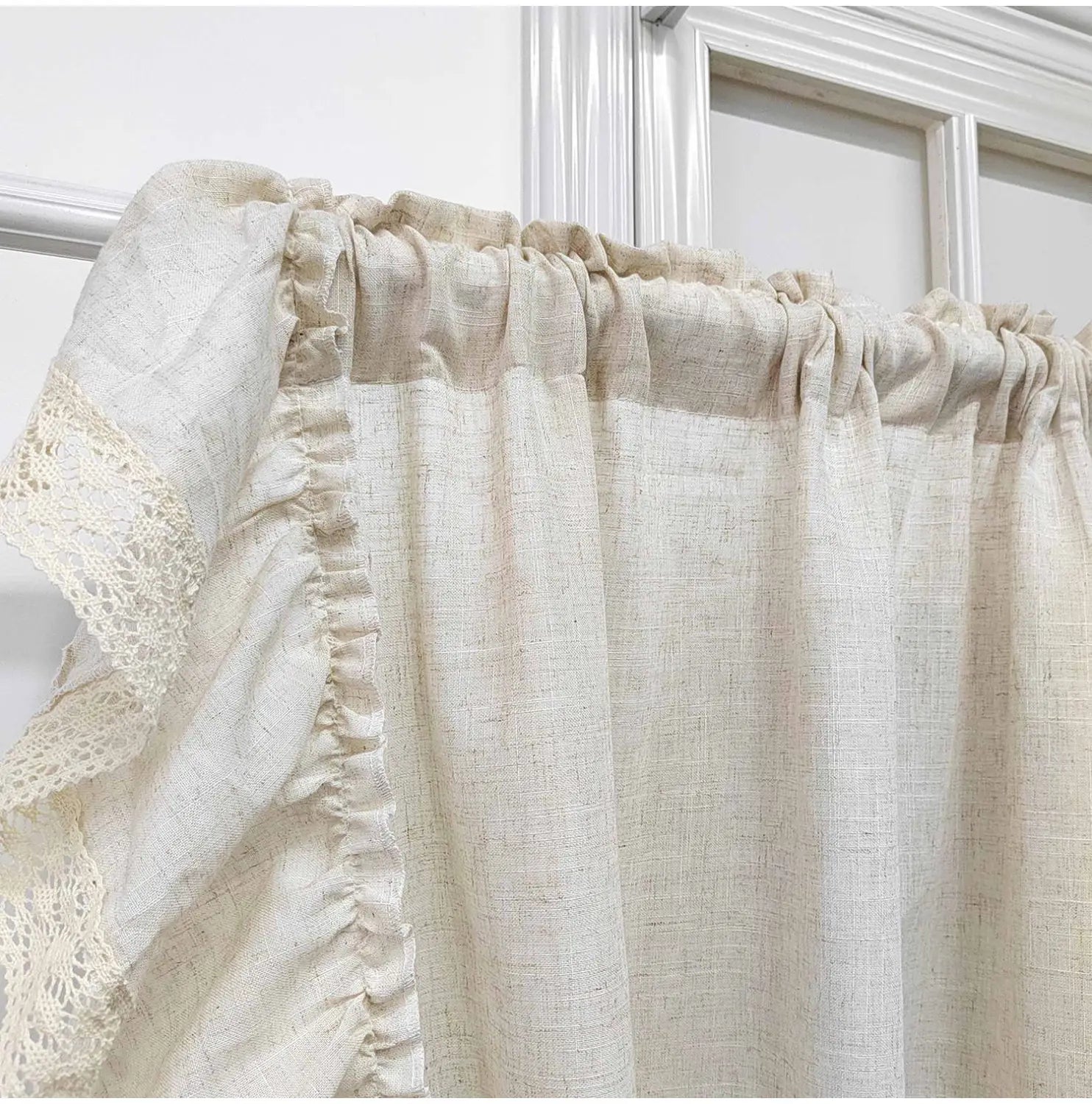 beige linen curtains with delicate lace trim and ruffled edges designed for living room use available in two pieces and accept customization