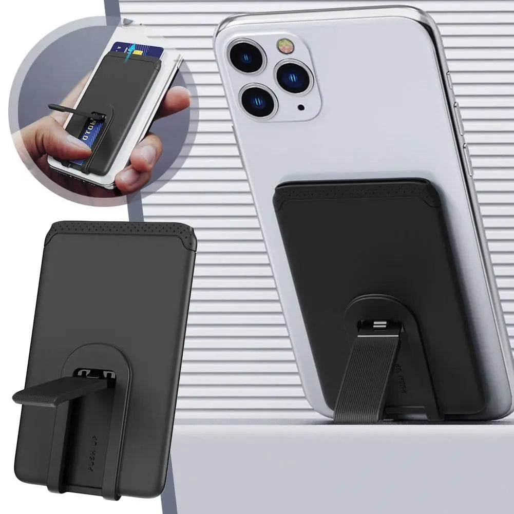 Black magnetic phone card holder made of silicone with integrated stand and textured grip surface for mobile phone use
