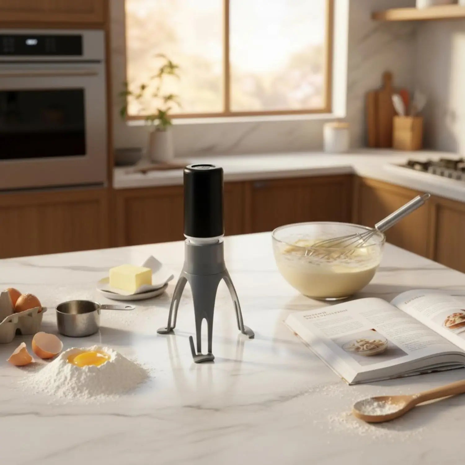 Black and gray electric automatic stirrer for pots and pans with three legs designed as a three-leg pan stirrer for efficient cooking.