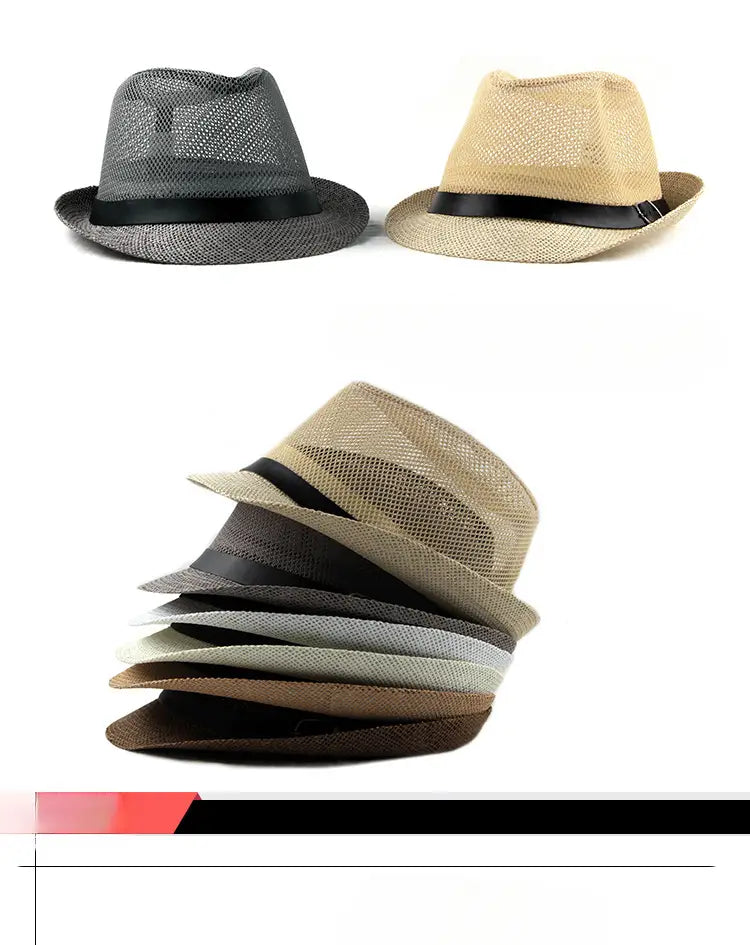 Stack of woven linen fedoras with black bands in neutral tones designed as sun hats for beach and summer use.