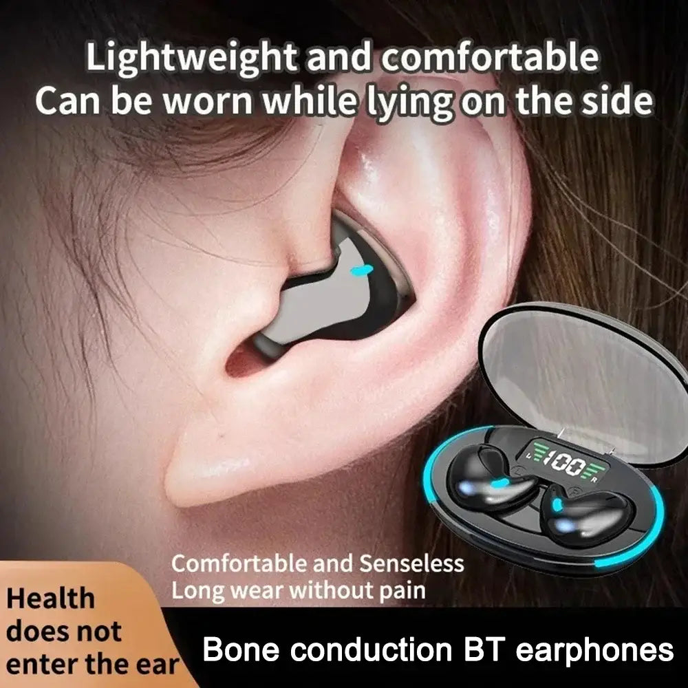 Black wireless sleeping earbuds Bluetooth 5.3 mini headphones with bone conduction technology and blue accent lighting designed for comfortable side-sleeping wear.