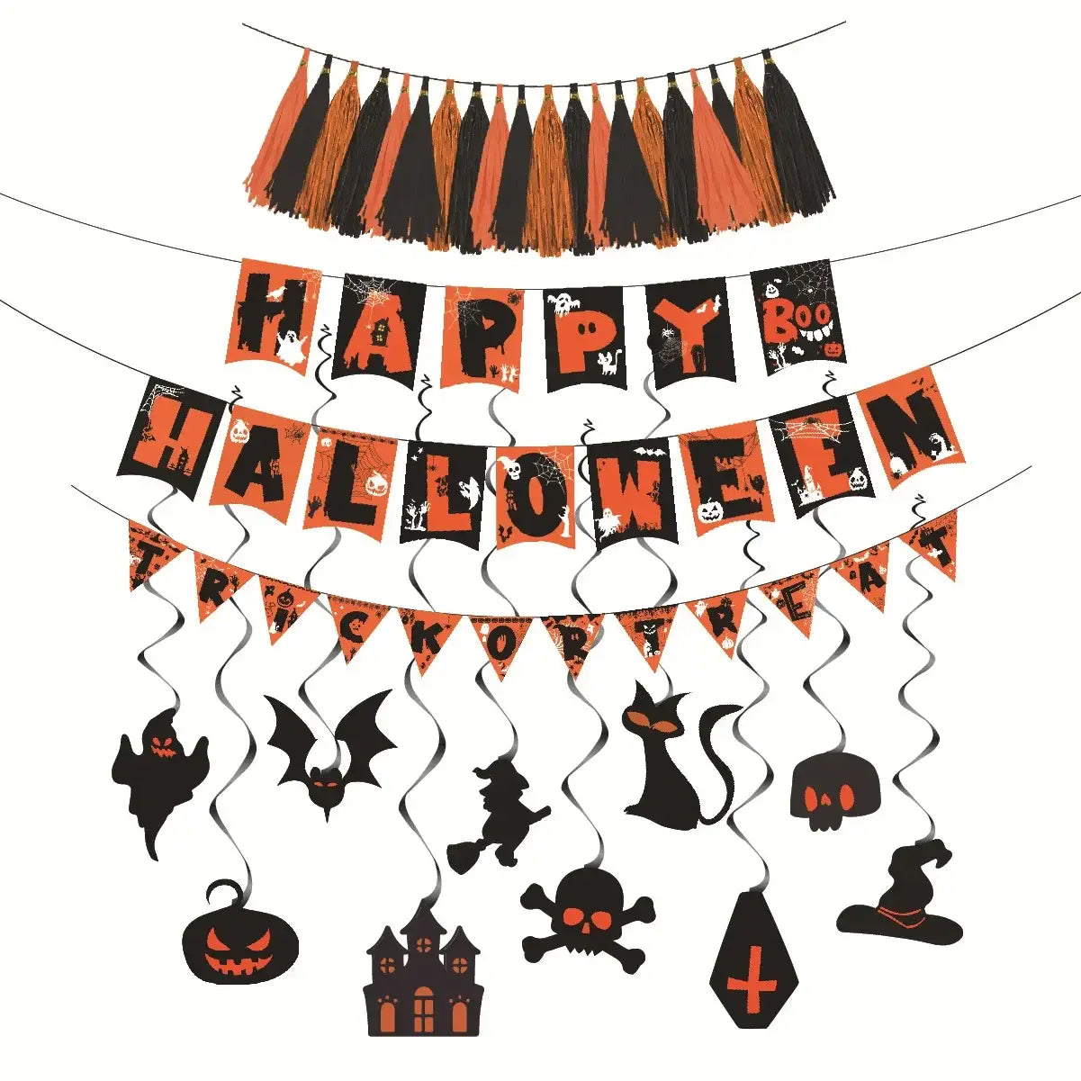 Guirnalda colgante de Halloween para fiesta, decoración espeluznante, con recortes de papel ondulados en naranja y negro que representan fantasmas, murciélagos, brujas, calaveras, calabazas y una casa encantada.