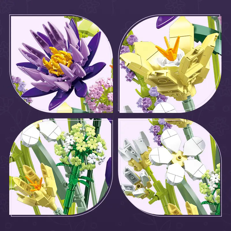 Un bouquet de fleurs Lego vibrant en violet et jaune, avec des détails de pétales complexes, conçu pour les amateurs de briques et les amateurs de blocs.