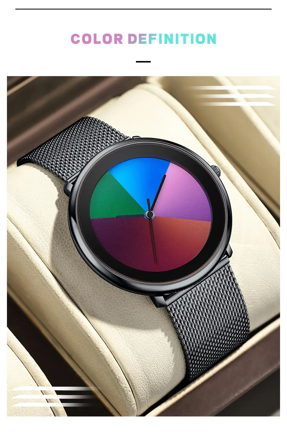 Lige women rainbow dial quartz watch with a black mesh strap and a colorful segmented dial featuring blue green purple and red hues.