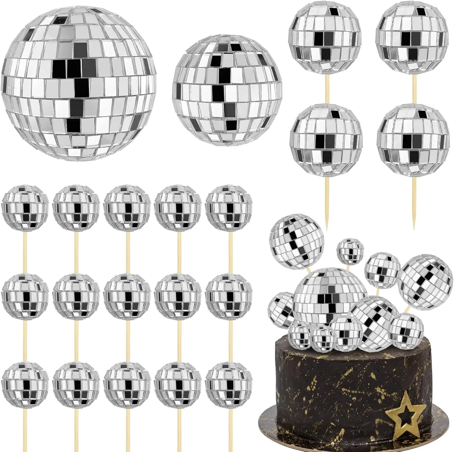 éléments de gâteau disco argent avec facettes en mosaïque miroir, montés sur des bâtonnets en bois, pour pancarte de bienvenue personnalisée pour baby shower ronde sur panneau KT.