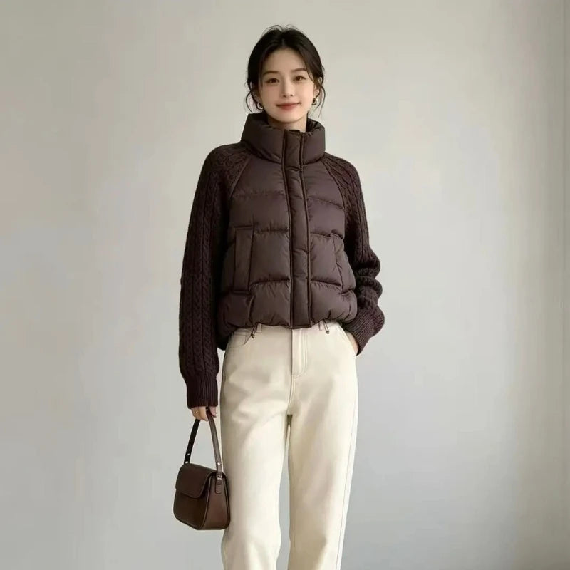 Winter New Women Down Cotton Parkas Jacket Cable Knit Sleeve Spliced Stand Collar Thick Warm Short Coat Petite Ladies Outerwear