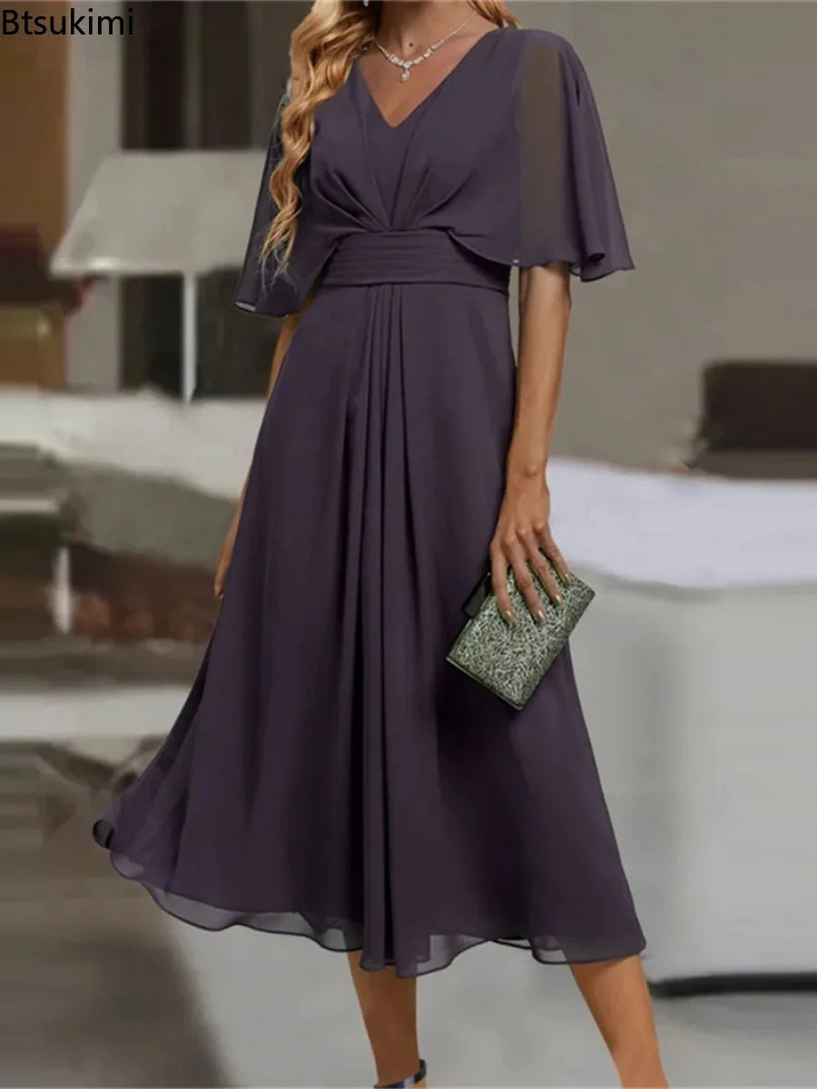 2026 Women's Evening Party Dress Plus Size Long Elegant  A Line V Neck Ruffles Chiffon Formal Wedding Dress Robe Dazzling Dress