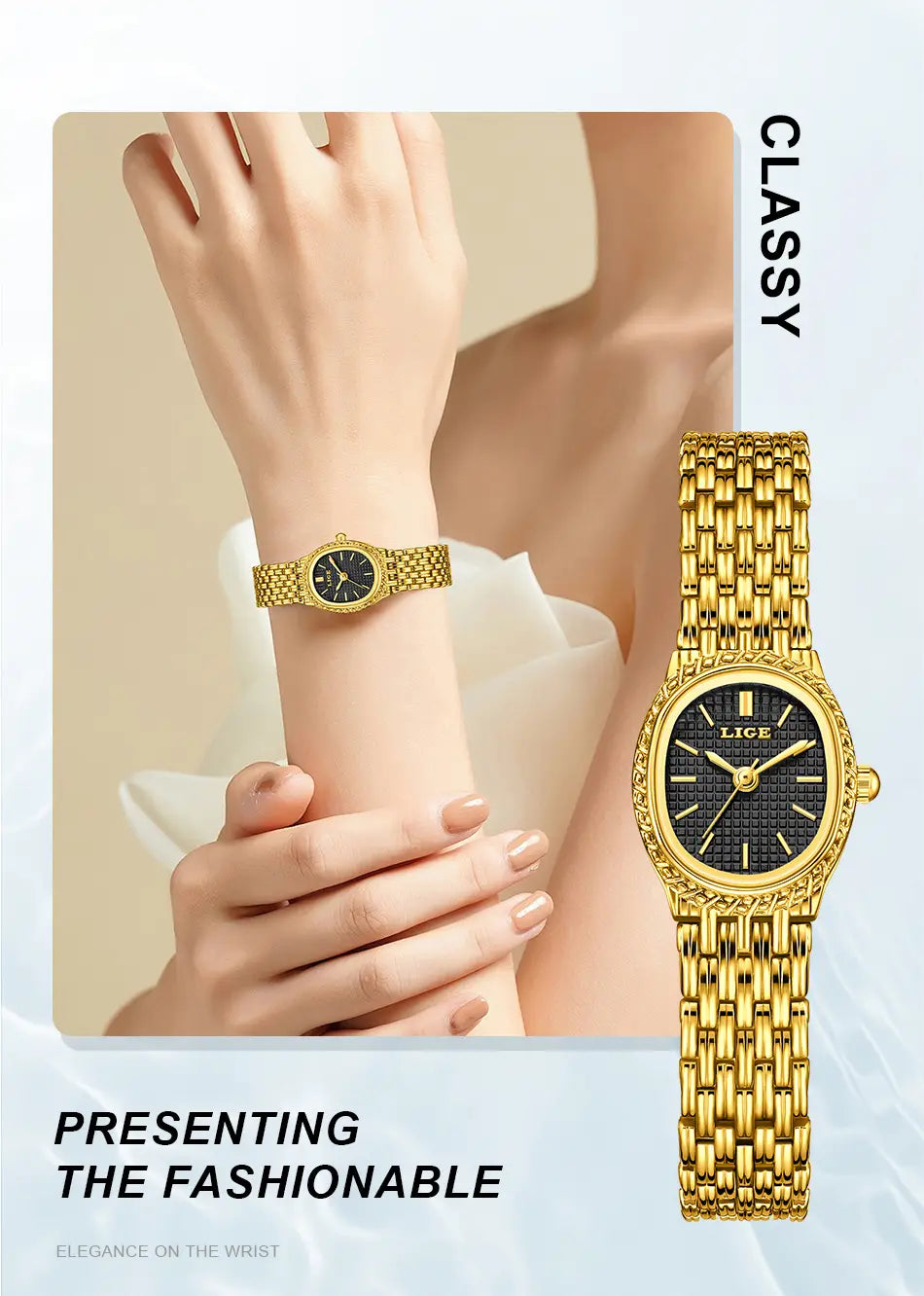 Lige women gold quartz watch featuring a gold-tone mesh bracelet and a black dial with gold hour markers.