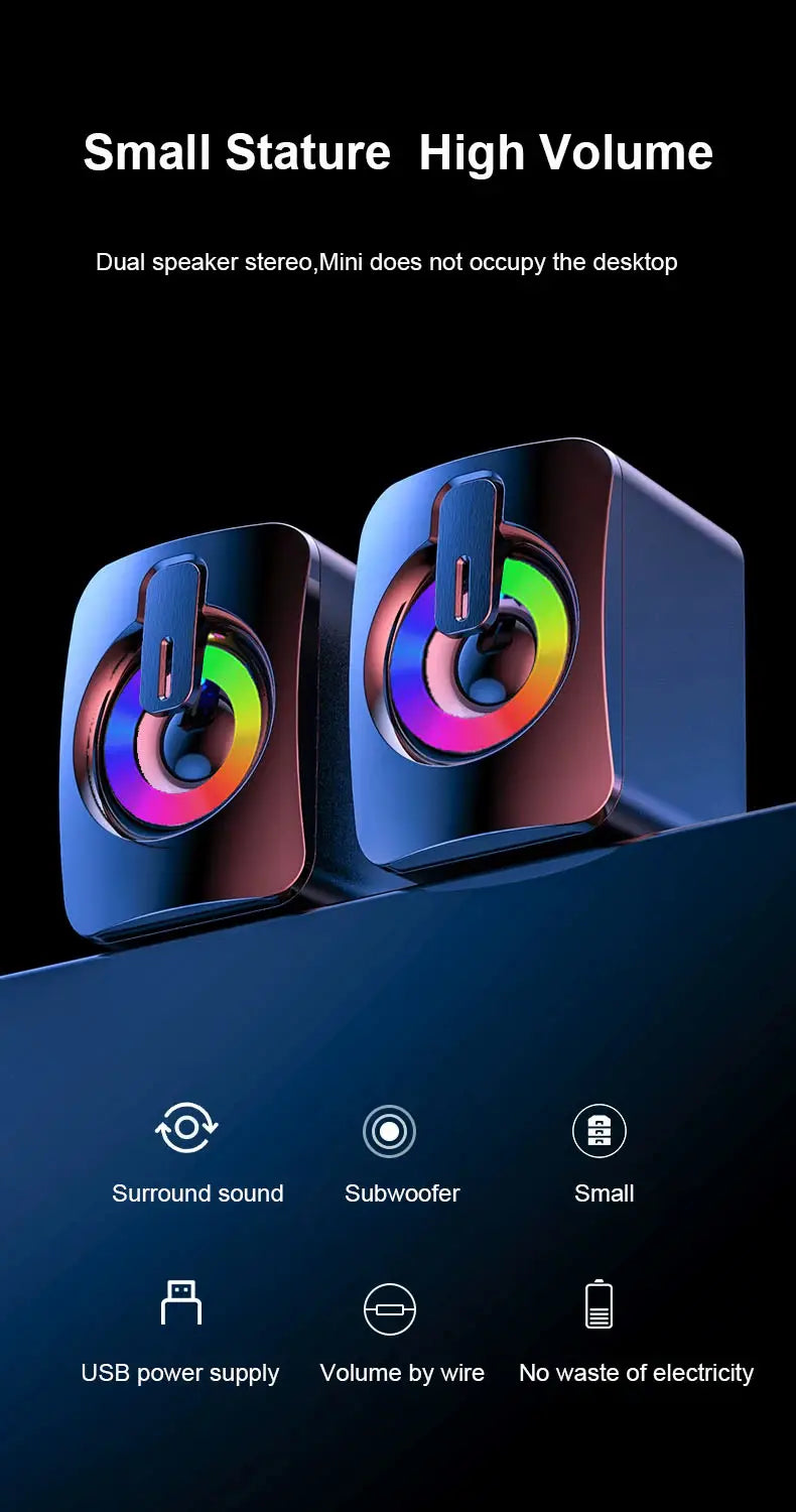 Compact black cube-shaped usb wired computer speakers featuring colorful rgb led lighting rings and a sleek modern design.
