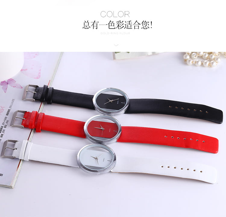 three women luxury leather quartz watches with transparent dials featuring minimalist round silver-toned cases and simple black, red, or white leather straps.