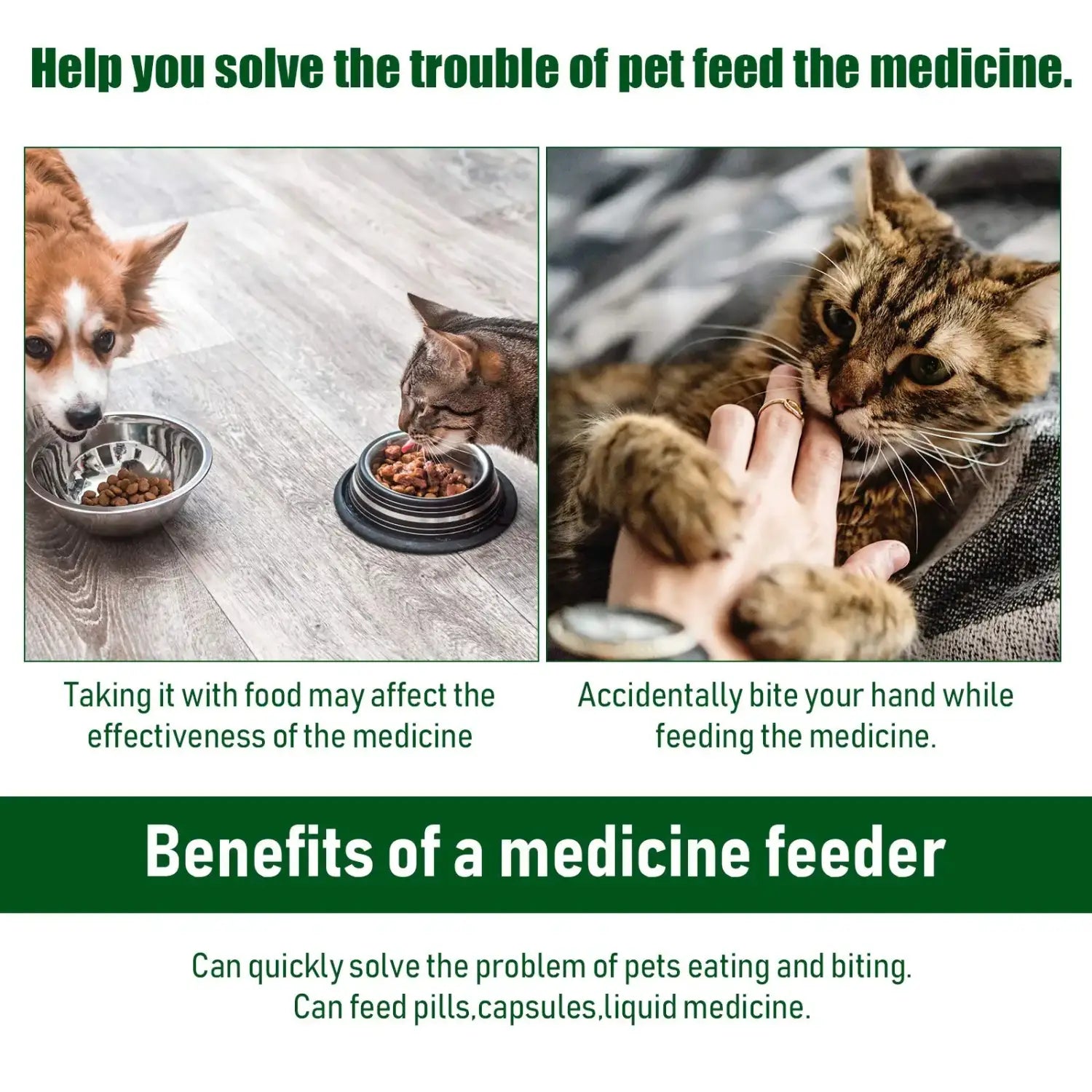 The stainless steel pet pill dispenser with a black base features a replacement head and is designed to hold pills or liquid medication for pets.
