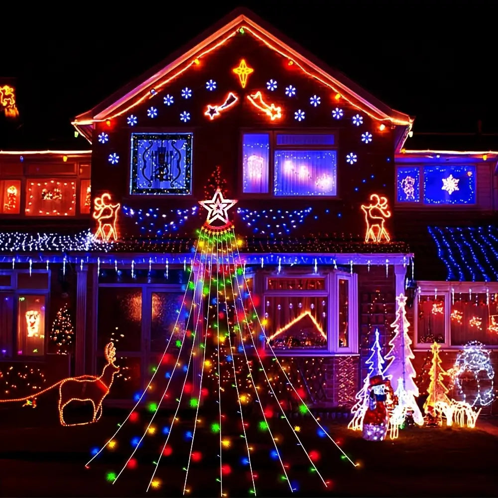A vibrant multicolored LED USB Christmas tree decoration light with a star topper and cascading lights for indoor and outdoor mood lighting.