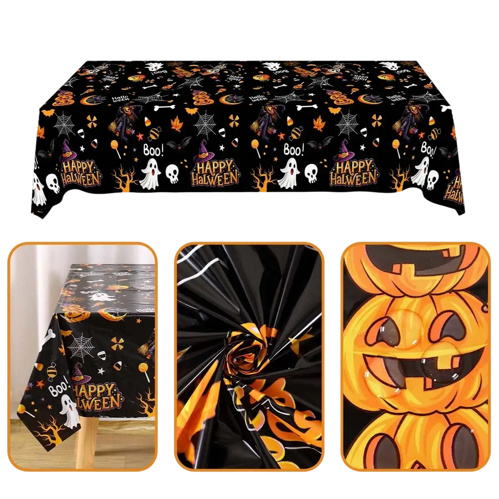 Black disposable plastic tablecloth with orange halloween ghosts pumpkins and happy halloween text pattern front view