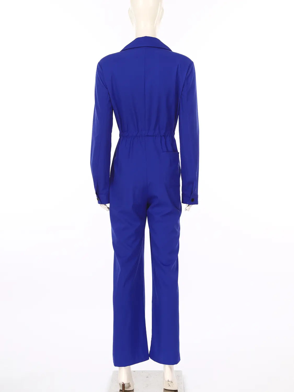 Royal blue long sleeve casual jumpsuit featuring a vibrant tailored design with a structured collar and cinched waist.