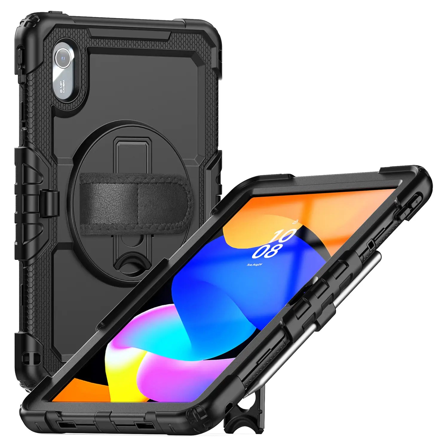 black rugged tb336fu xiaoxin pad 11 armor case with textured grip and built-in kickstand shown from the back side with strap for secure handling