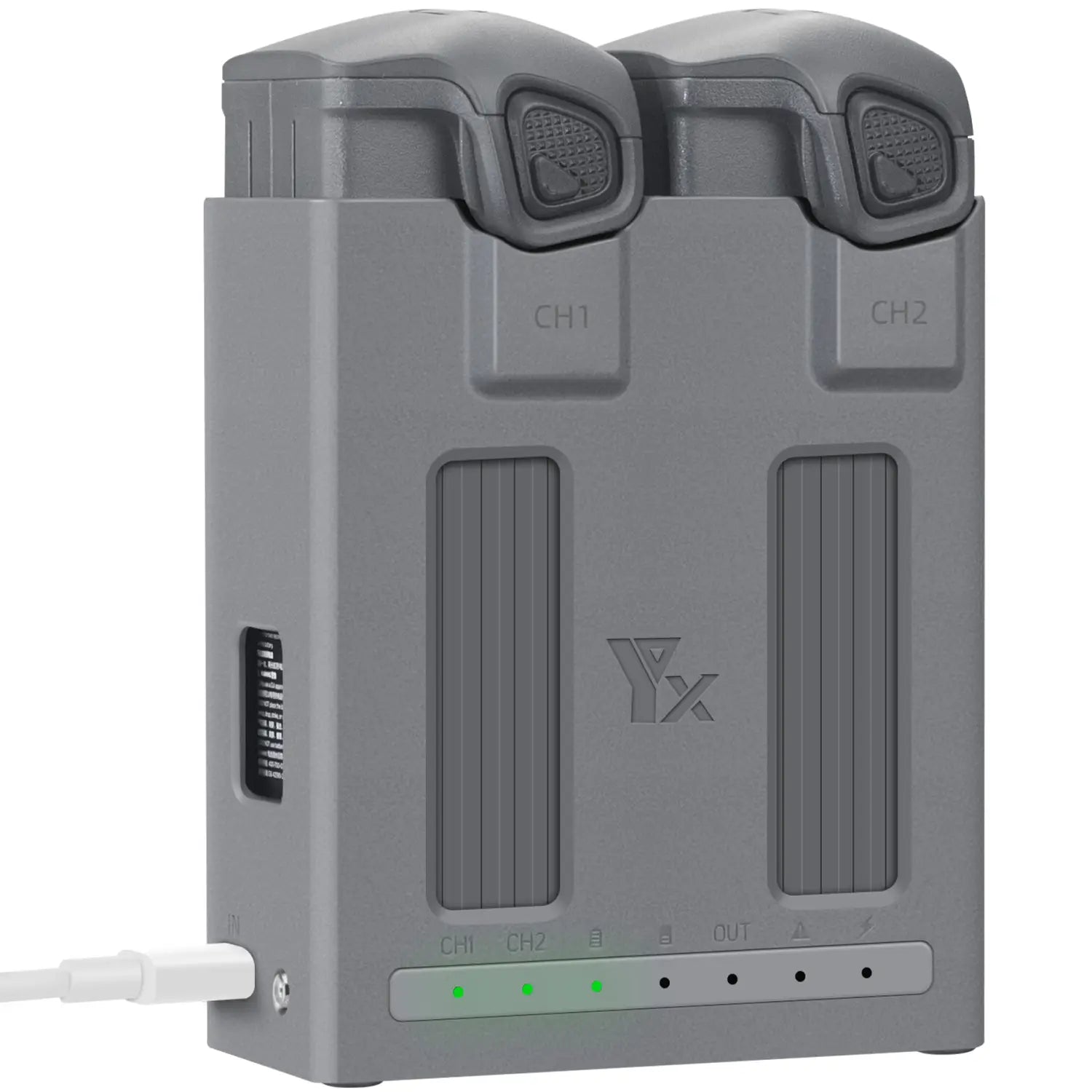 gray yx dual-channel drone battery charger with two slots green indicator lights and usb cable connected for dji mavic 4 pro dual battery charger hub