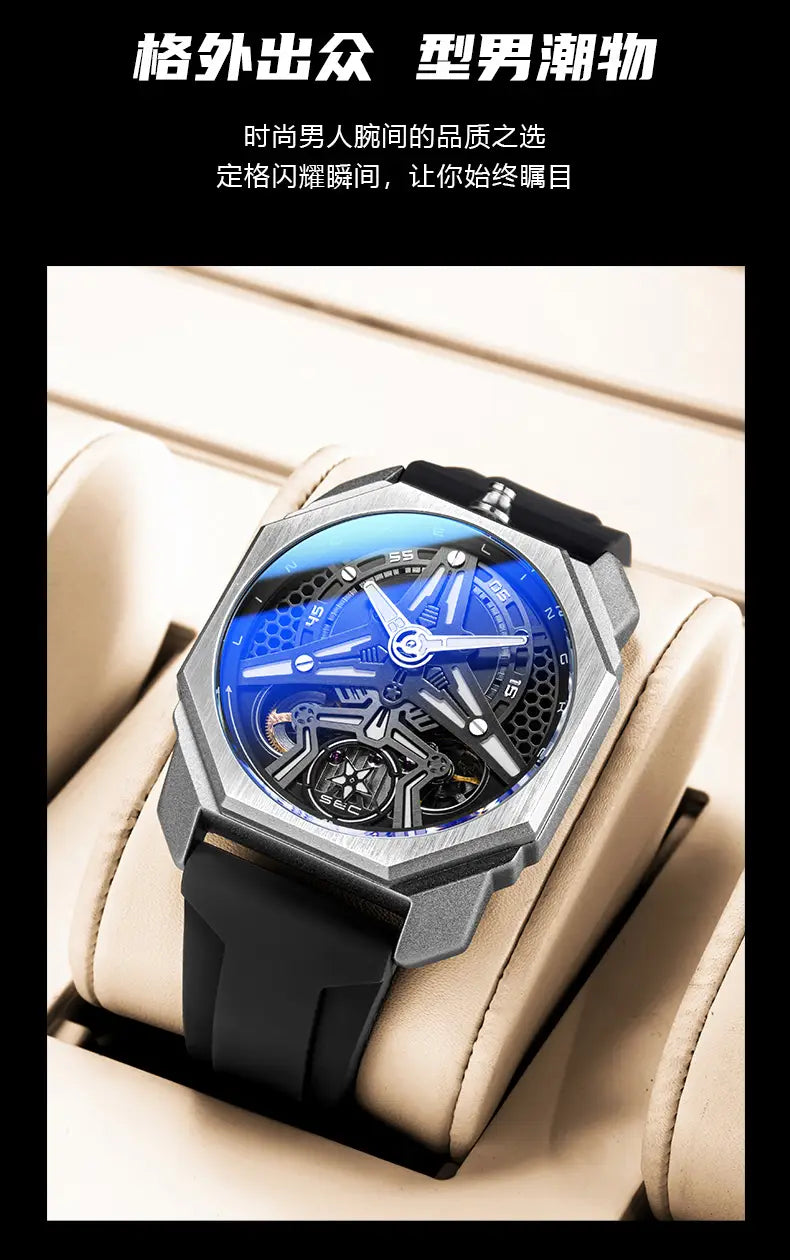 An automatic skeleton mechanical watch for men with a sleek octagonal silver-toned metallic case, a vibrant blue dial, exposed mechanical gears, and a black rubber strap.