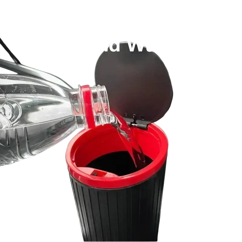 Red and black cylindrical car trash storage bucket with hinged lid featuring a watertight sealing accessory feature