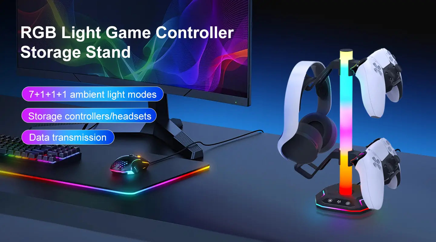 Support d’écouteurs RGB et porte-manette pour PS5 avec design moderne et élégant, éclairage LED RGB vertical et double emplacement pour ranger les manettes ou les casques.