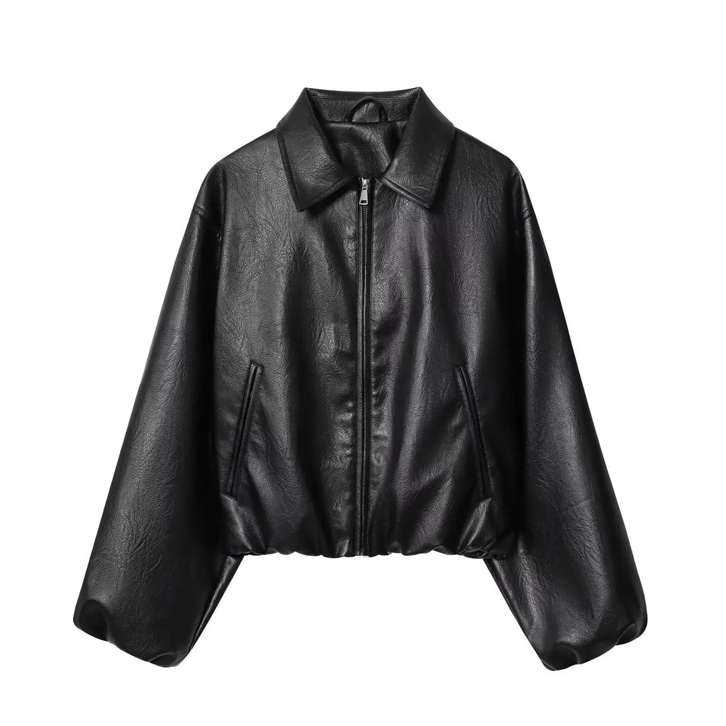 Women's Faux Leather Bomber Jacket Long Sleeve Chic Outerwear Elastic  PU Zipper Jacket Vintage Casual Turn Down Collar Coat