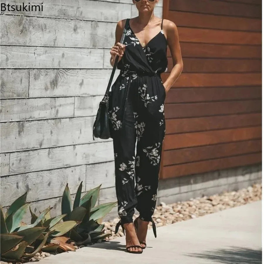 New Summer Jumpsuits Women's Sexy Sleeveless Sling Rompers Boho Style Floral Print Wide Leg Rompers Elegant Strap Overalls Femme