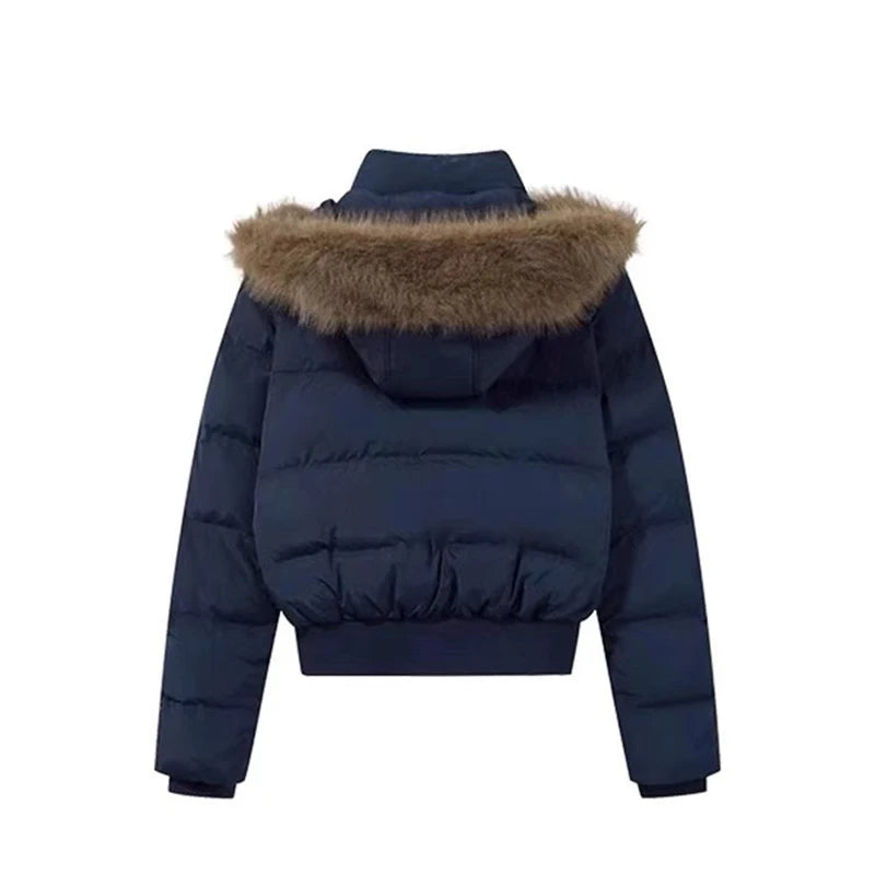 Women's Winter Warm Jacket Korean Thickened Big Fur Collar Hooded Outerwear Fashion Casual Detachable Short Cotton-Padded Coat