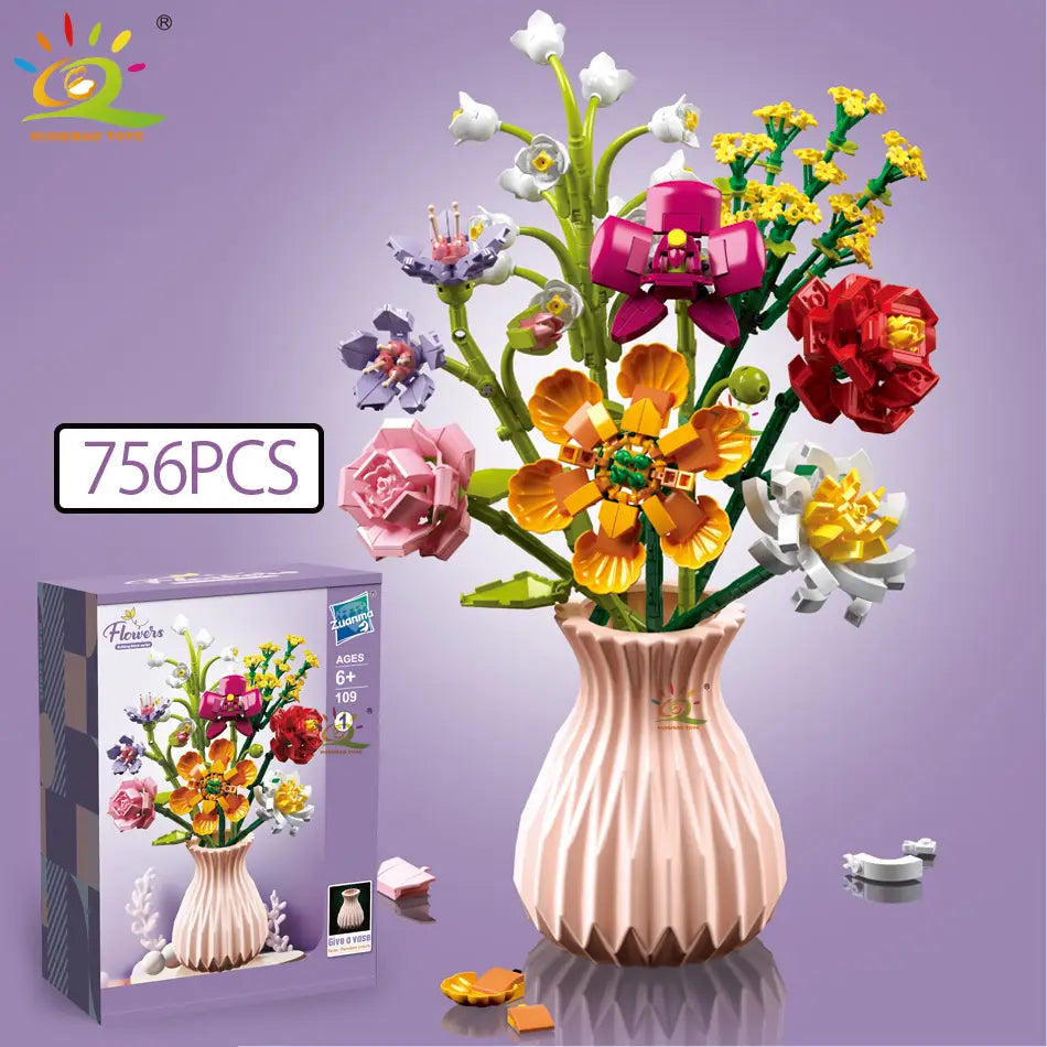 Un vase cannelé rose en Lego, contenant un bouquet vibrant de pièces fleuries colorées assemblées avec minutie, issu de l’ensemble de bouquet de fleurs en briques, pour les amateurs de blocs.
