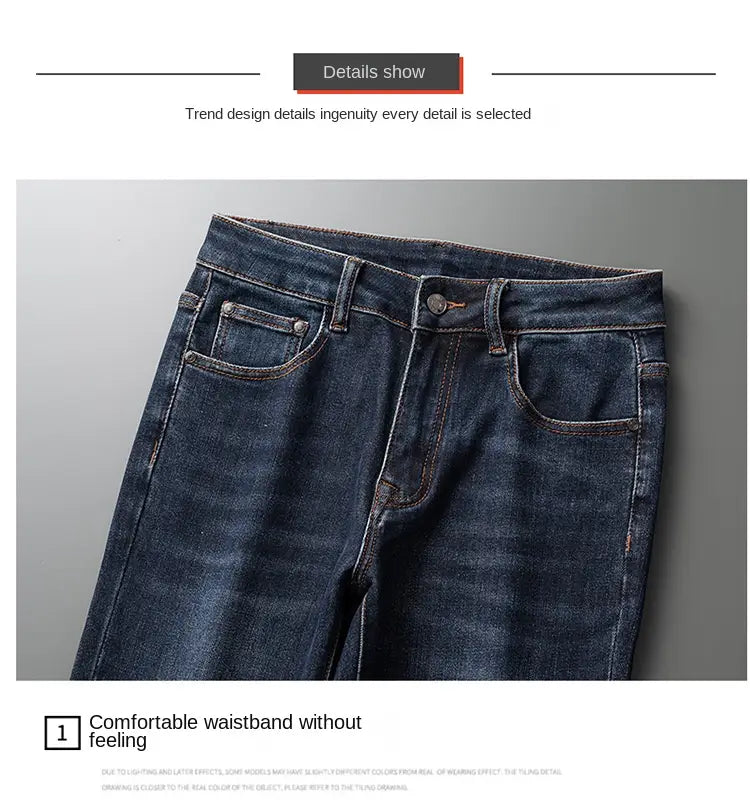 Slim fit dark blue denim jeans for men featuring a classic five-pocket design and sturdy stitching.