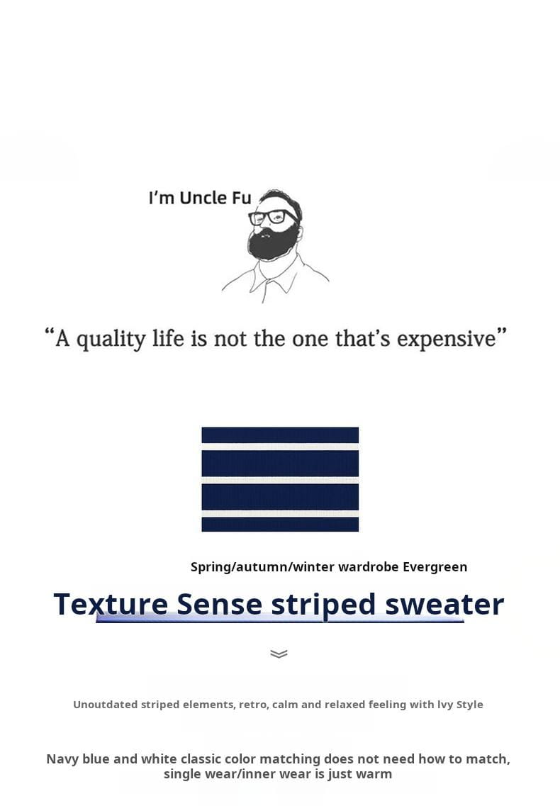 Navyblauer und weißer gestreifter Strukturstrickpullover im maden-gestreiften Rollkragenstil für Herren mit Ivy-Style-Design, warme Strickkleidung im Winter.
