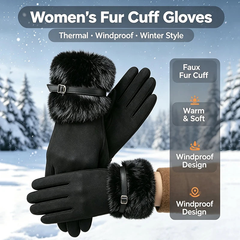 Women's Winter Gloves Warm Fleece Lined Windproof Cold-Resistant Touchscreen Compatible with Plush Decoration for Autumn Winter
