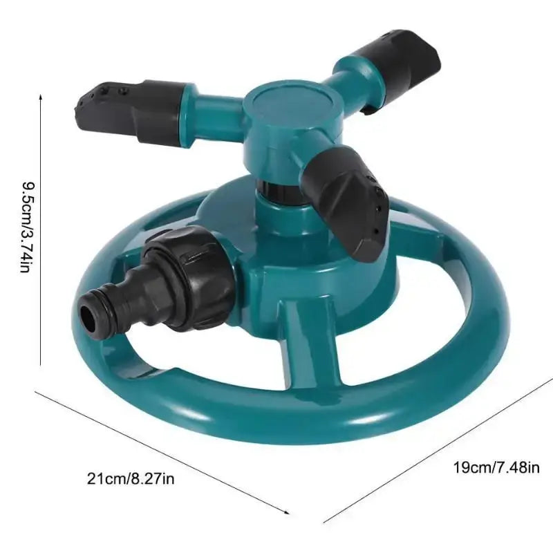 Arroseur rotatif d’extérieur en plastique turquoise et noir à 3 bras, muni de trois buses rotatives, pour l’arrosage du jardin.