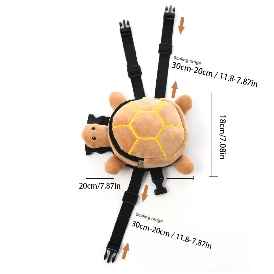 Transportín tipo mochila para perros con forma de tortuga, con cuerpo color beige, patrón de caparazón hexagonal amarillo y correas ajustables negras, diseñado para niños.