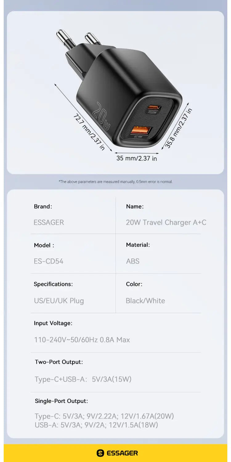 Essager 20w USB C fast wall charger made of black and white ABS plastic featuring dual USB-C ports for travel use.